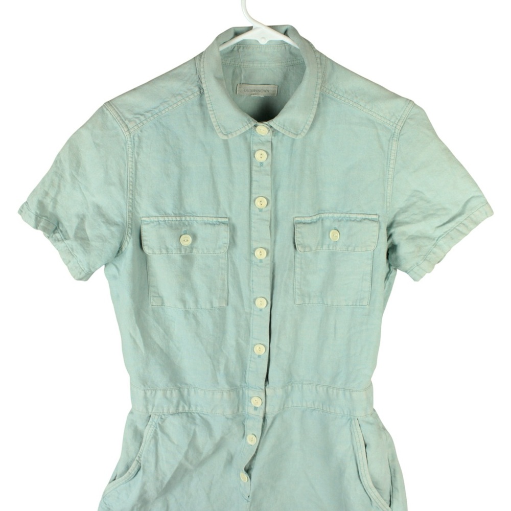 Outerknown Women Size XS Blue Denim Jumpsuit overalls Button shortalls - Picture 2 of 15